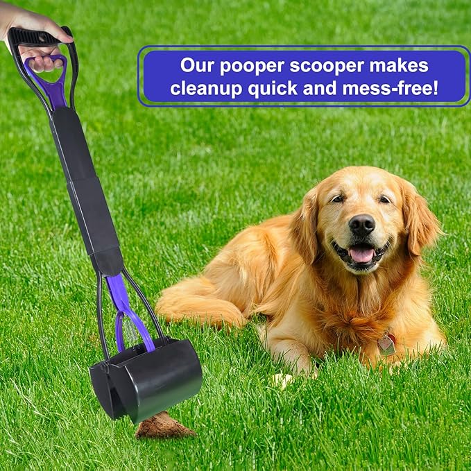 Pooper Scooper with Bags, 32" Long Handle Dog Poop Scooper for Large Medium Small Dogs, Durable Spring and High Strength Material Foldable Waste Pickup Tool for Easy Grass and Gravel Pick Up, Blue