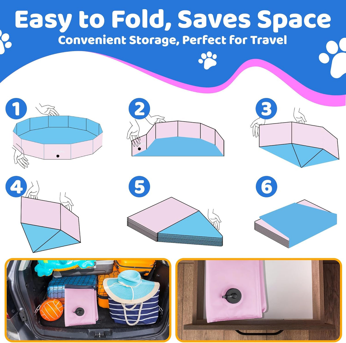 2025 Updated Foldable Dog Pool, 55" x 12" Kiddie Pool with Hard Plastic, Non-Slip Dog Bath Tub for Outdoor Backyard, Collapsible Dog Swimming Pool for Kids Dogs Pets (Pink)