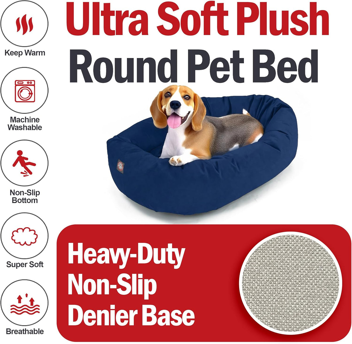 Majestic Pet 32 Inch Suede Shredded Memory Foam Mix Calming Medium Dog Bed Washable 32 x 23 x 7 - Cozy Soft Round Donut Dog Bed with Spine for Head Support - Pet Bed Navy