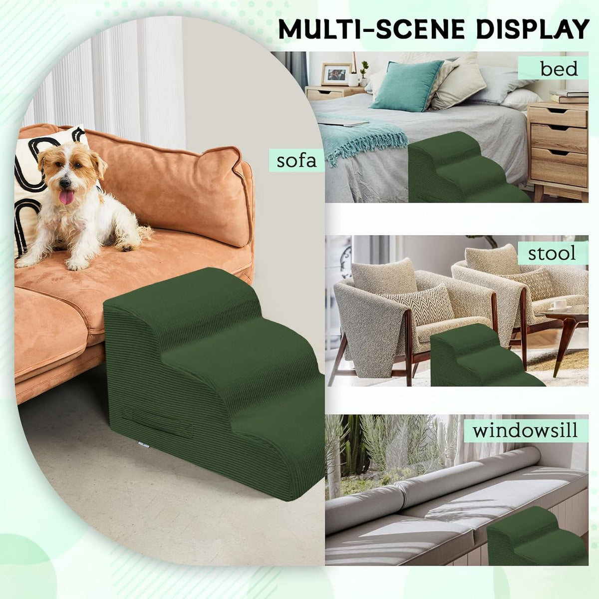 Dog Steps for Small Dogs, 3-Step Pet Ramp Stairs for High Beds and Sofa, Non-Slip Pet Stairs for Small Dogs and Cats, Removable and Easy to Clean Cover, Green