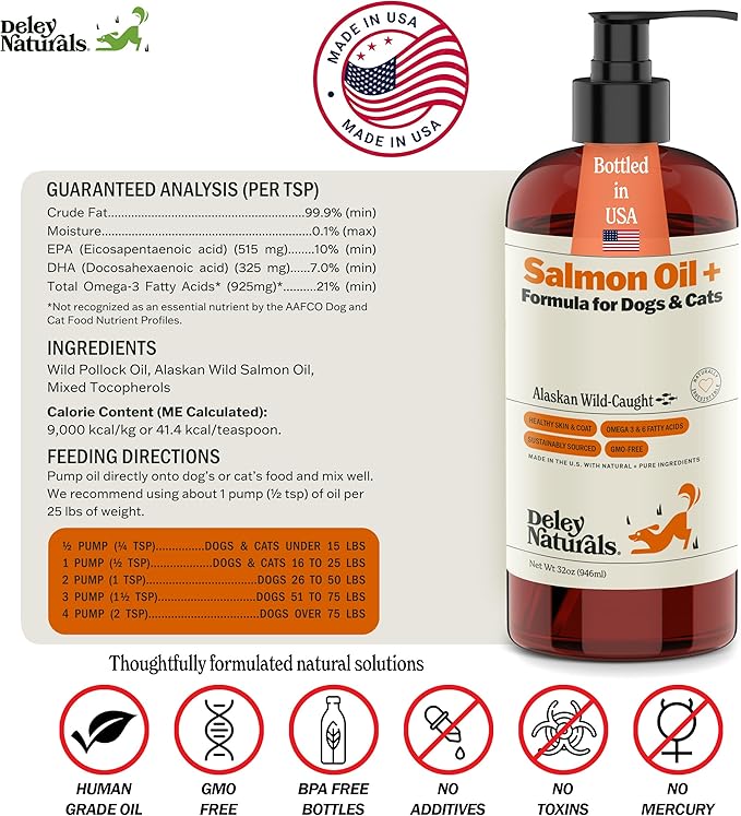 Deley Naturals Wild Alaskan Salmon Oil for Dogs - New & Improved Salmon Oil Plus Formula - Fish Oil for Dogs with DHA EPA Omega 3 & 6 Fatty Acids - Omega 3 Fish Oil for Skin & Coat - 32oz Made in USA