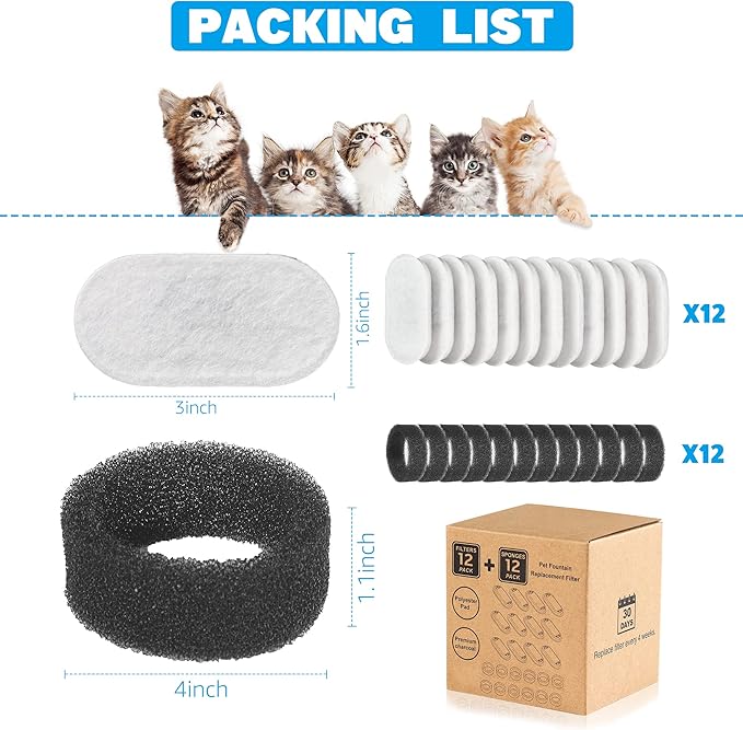 Cat Water Fountain Filters, 24 Pack Cat Fountain Filters, Cat Fountain Replacement Filters for 67oz/2L&108oz/3.2L Stainless Steel Cat Water Fountain, Pet Water Fountain Filters (12 Filters&12 Sponges)