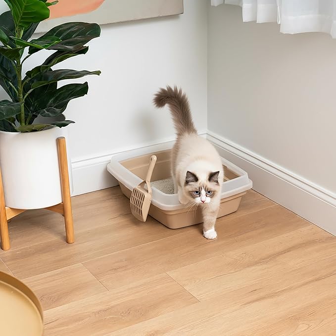 IRIS USA Cat Litter Box, Open Top with Scoop, Easy Clean Plastic Pan for Indoor Cats & Kittens, Beige