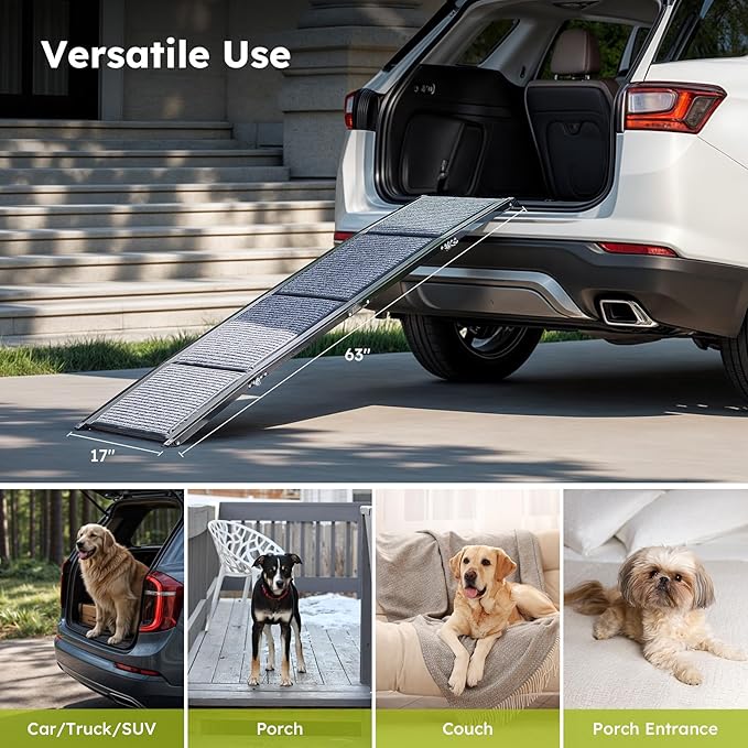 Dog Ramp for Car, 63" Folding Pet Ramp for Large Dogs up to 200 lb, 17" Wide Car Ramp for Dog, Portable Pet Stair Ramp with Nonslip Rug Surface, Outdoor Dog Ramp for Truck SUV High Bed Couch