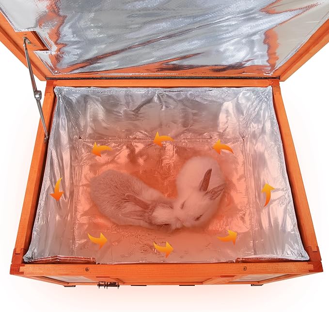 COZIWOW 24 Inch Rabbit Hutch with Insulation Layer, All-Weather Wooden Bunny Cage, Indoor Outdoor Weatherproof Pet Shelter for Winter, Rabbits/Cats/Chicken, Orange