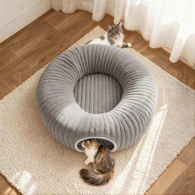 Cat Tunnel Bed for Indoor Cats, Peekaboo Cat Cave Bed,Soft Cat Donut Tunnel for Kitten Large Cats, Cat Tunnel Christmas Tree Skirt, Grey