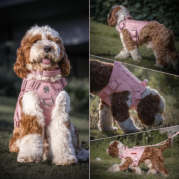 OneTigris Tactical Dog Harness Vest,No-Pull Service Dog Vest with Hook & Loop Panels,Adjustable Dog Vest Harness for Walking Hiking Training(Pink,L)