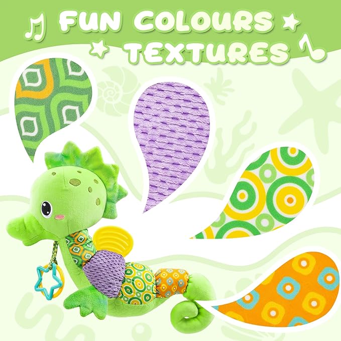 Baby Toys 0 to 12 Months, Musical Stuffed Animal Activity Soft Toys with Multi-Sensory Crinkle, Rattle and Textures, Infant Tummy Time Toys for Newborn Boys Girls, Seahorse, Green