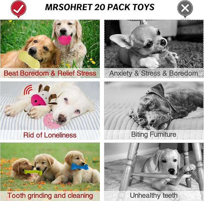 20Pcs Puppy Chew Toys for Teething, Dog Chew Toys with Rope Toy, Pet Dog Toothbrush, Treat Balls, Plush Toys and Squeaky Toys for Small Medium Dogs with Basket