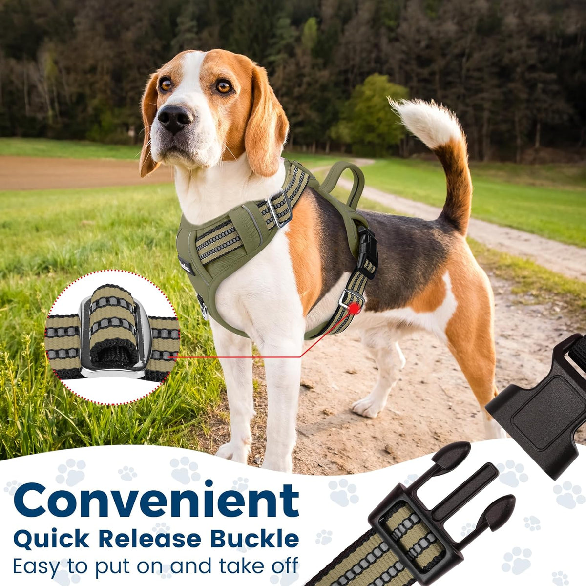 Funfox Dog Harness No Pull, Adjustable Pet Vest Harness, Super Soft Material with Vertical Handle Easy Control, Reflective Night Walking, 2 Leash Clips for XLarge Dogs, Army Green, XL