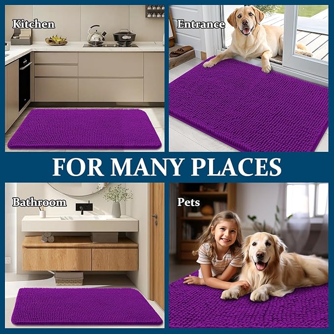 OLANLY Dog Door Mat for Muddy Paws 24x16, Absorbs Moisture and Dirt, Absorbent Non-Slip Washable Doormat, Quick Dry Chenille Mud Mat for Dogs, Entry Indoor Entryway Carpet for Inside Floor, Purple
