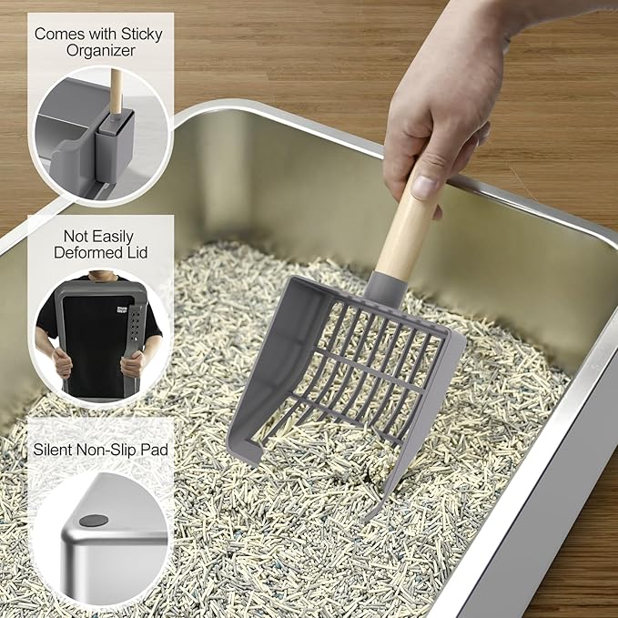 Sousia Stainless Steel Litter Box - Cat Litter Box Enclosure with Lid, High Side Large Cat Litter Tray Easy Cleaning Anti-Leakage with Litter Scoop and High Wall Sides Enclosure for Big Cats