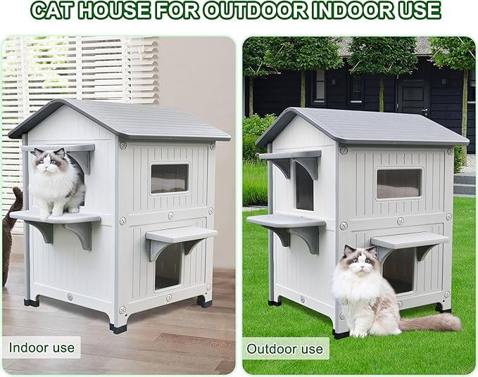 Rockever Plastic Insulated Outdoor Cat House with Escape Door, 2 Story Waterproof Cat House for Outdoor Cats for Feral Cats, Elevated Outside Cat Shelter, Clean and Assemble Easily
