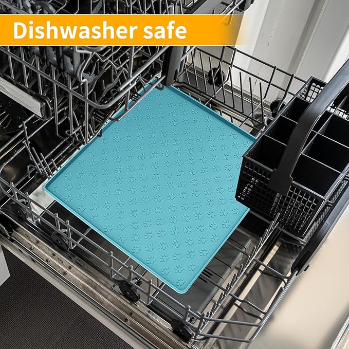Ptlom Dog Food Mat Anti-Slip Bowl Mats for Food and Water, Waterproof Silicone Pet Placemat with High Raised Edges, Non-Slip Puppy Feeding Tray for Small, Medium Large Cats Dogs, Blue, 11.8"x11.8"