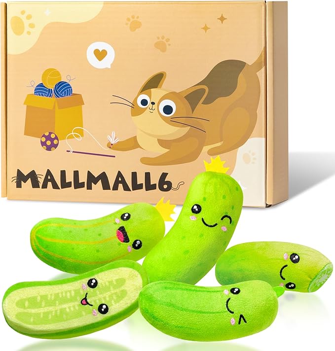 MALLMALL6 Pickle Catnip Cat Toys - 5Pcs Indoor Kitten Chew Bite Kick Cucumber Catmint Interactive Toys for Cat Lover Gifts, Kitty Boredom Relief Supplies with Cute Expression for Pet Birthday Presents