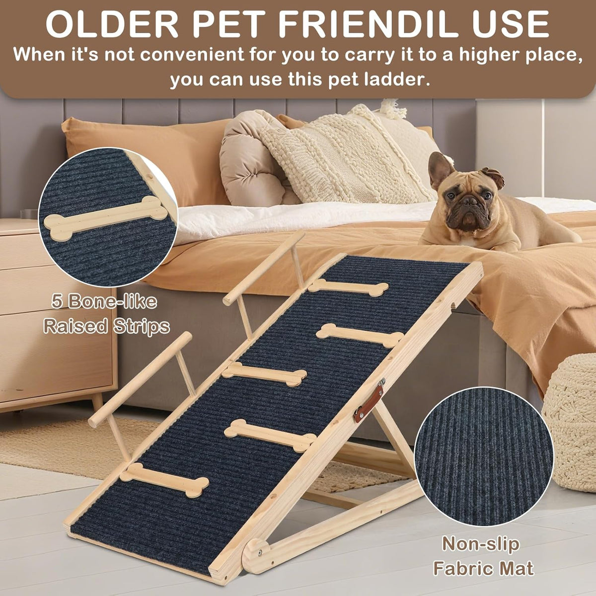 Dog Ramp for Bed Couch Extra Wide Folding Pet Ramps for Large Dogs to Get on Bed, Portable Doggie Steps 6 Adjustable Height 27.3”, 47.3" Long