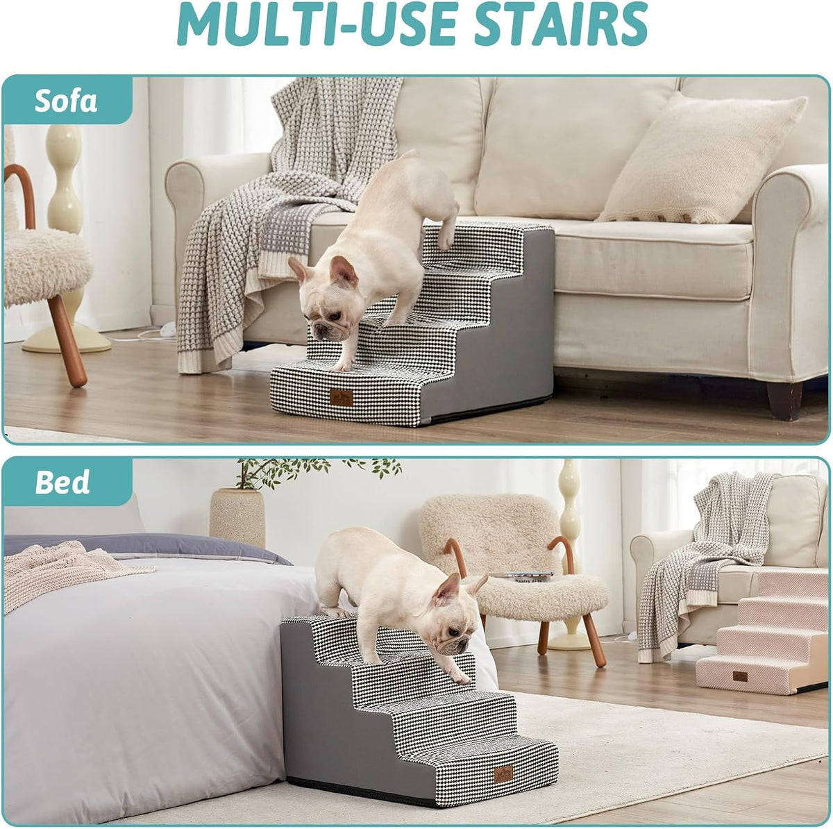 Dog Stairs for Small Dogs, 4 Tier Wider Pet Stairs for Couch and Beds, 17.7" H Non-Slip Dog Steps for Old Cats, Puppy, Small Medium Dogs, 17.7x23.6x17.7 inch, White Black