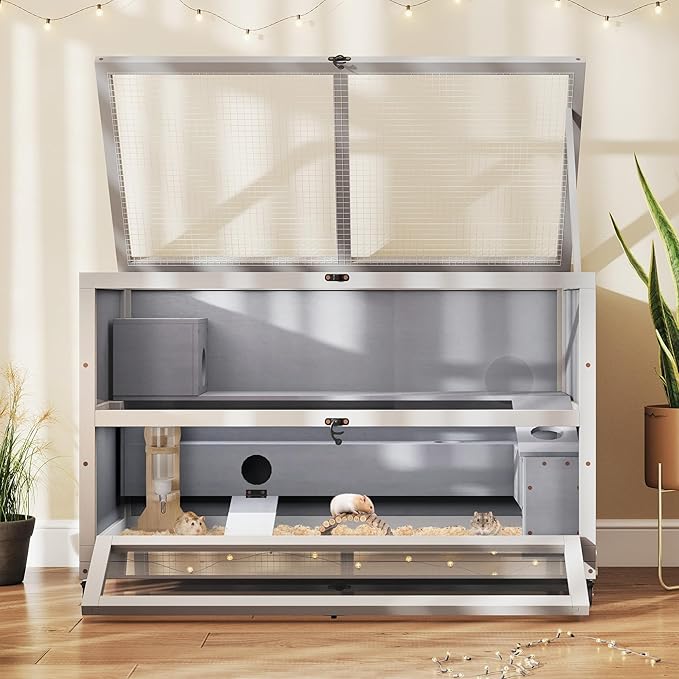 Coziwow Hamster Cage 35.4'' with Removable Ramps & Tray, Small Animals Hutch with Wheels & 2 Openable Doors, 3-Tier Wooden Cage for Dwarf Syrian Hamster, Mice, Rat, Rabbit