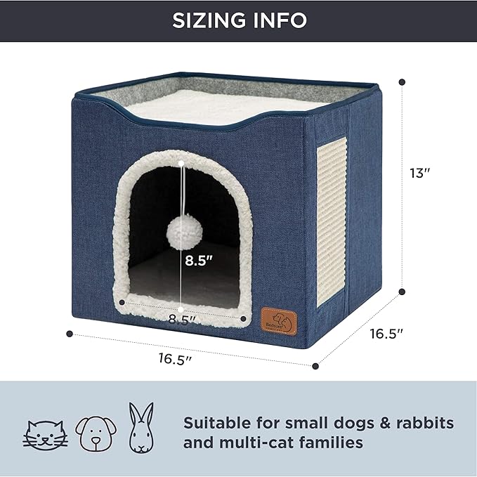 Bedsure Cat Beds for Indoor Cats - Large Cat Cave for Pet Cat House with Fluffy Ball Hanging and Scratch Pad, Foldable Cat Hideaway, 16.5x16.5x13 inches, Blue