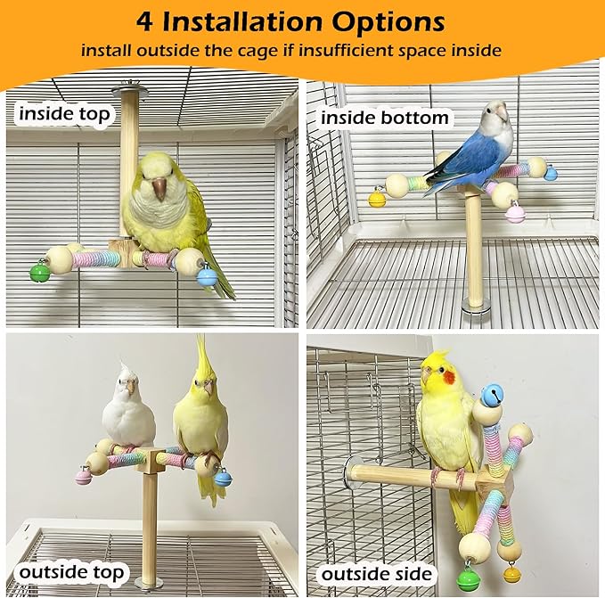 Bird Stand Perch Toy with Bells, Interactive Spinning Parakeet Toys, Wooden Exercise Wheel Parrot Toy, Enrichment Cockatiel Toy for Birds Cage, Bird Cage Accessories Perch Toys for Budgies (S, Bells)