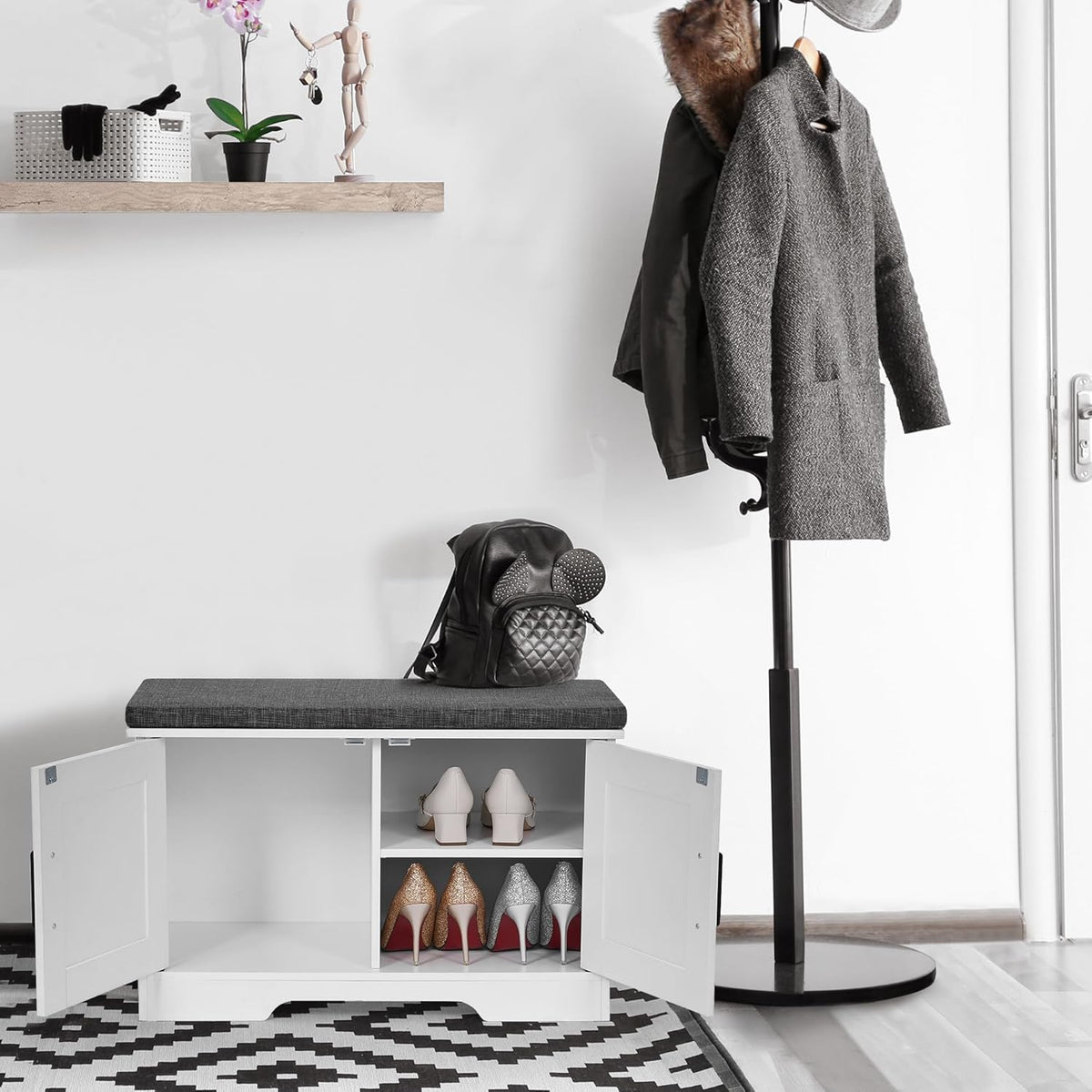 2-Tier Storage Bench, Shoe Bench with Padded Seat Cushion, Entryway Bench with 2 Barn Doors, Adjustable Shelf, 13.8" D x 27.6" W x 17.7" H, for Entryway, Living Room, Bedroom, White