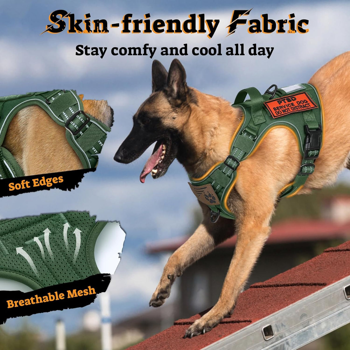 rabbitgoo Dog Harness for Large Dogs No Pull, Tactical Service Pet Vest with Molle and Control Handle, Adjustable and Reflective Military Harness for Easy Walking and Training, Green, L