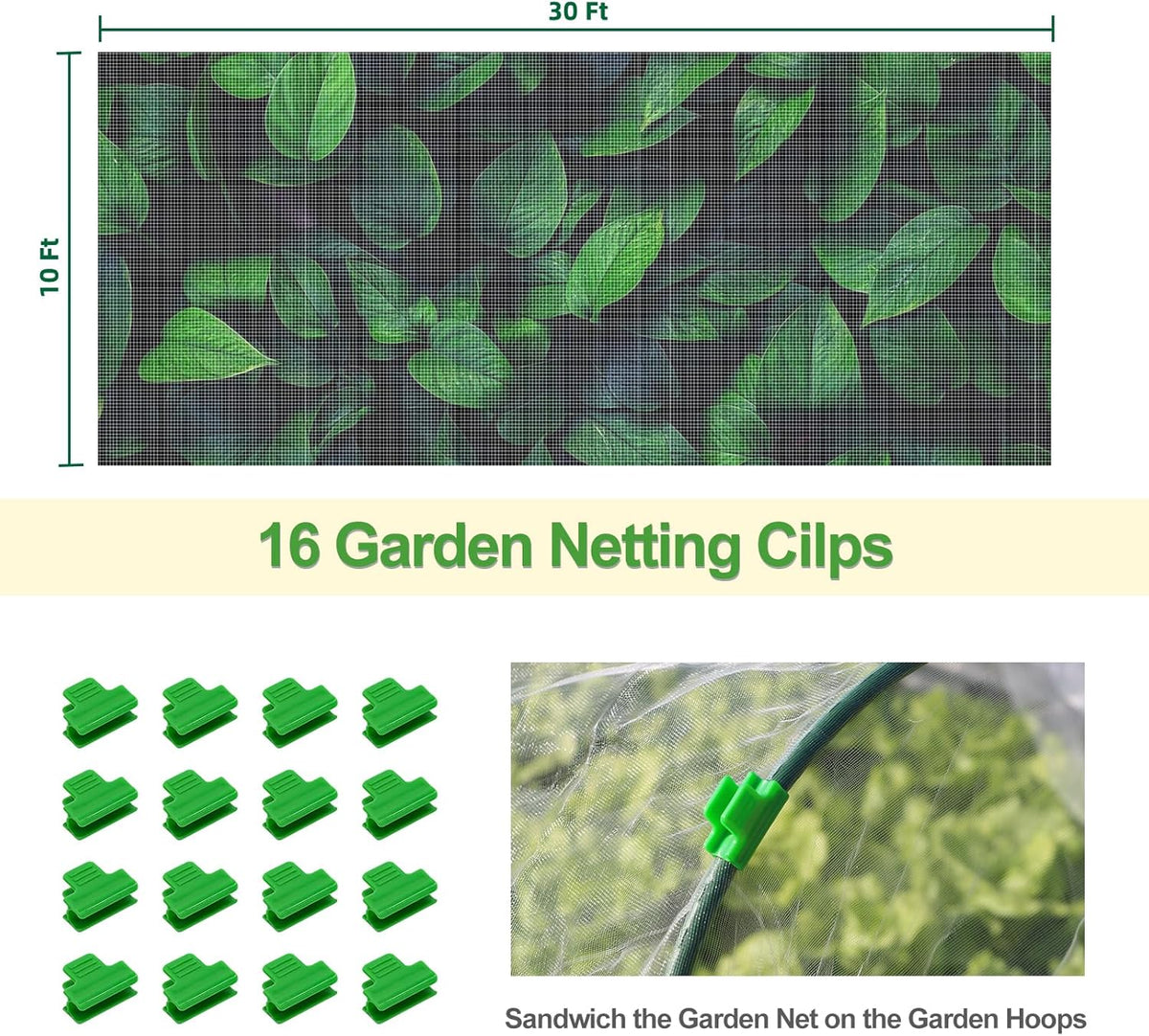 Garden Netting Mesh, 10X30 FT Garden Netting with 16 Cilps & Ultra Fine Mesh Net Bird Barrier Protection for Garden Vegetables Flowers Shrubs Fruit Trees Indoors & Outdoors Plant Beds Greenhouse