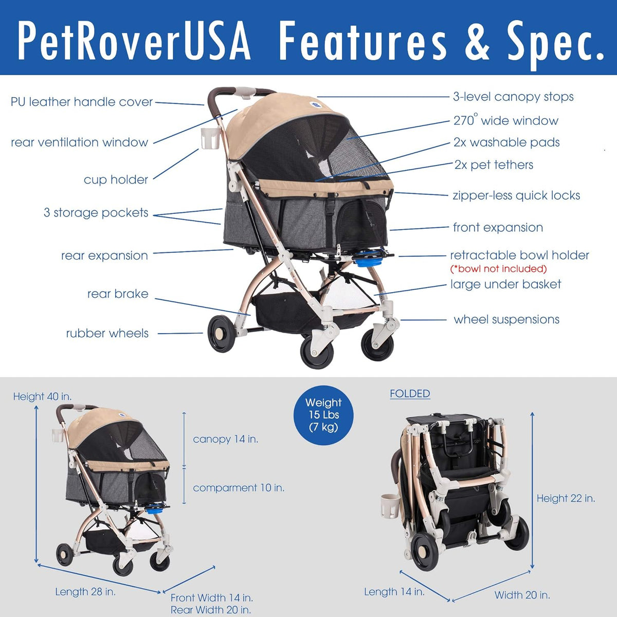 HPZ-PR America Pet Rover Lite Premium Light-Weight Dog/Cat/Pet Stroller Travel Carriage with Convertible Compartment/Aluminum Frame for Small & Medium Pets (Taupe 2nd-Gen.)