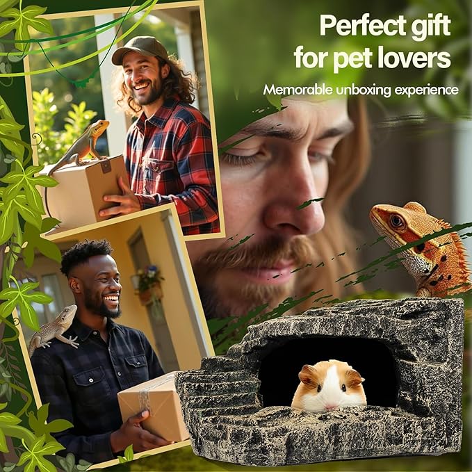Reptile Hide, Great for Geckos, Snakes, Bearded Dragons & Lizards. with Steps for Rock Climbing, It Doubles as Aquarium Rock Cave Corner Cave for Climbing Hiding. (Stone, A-XLarge)