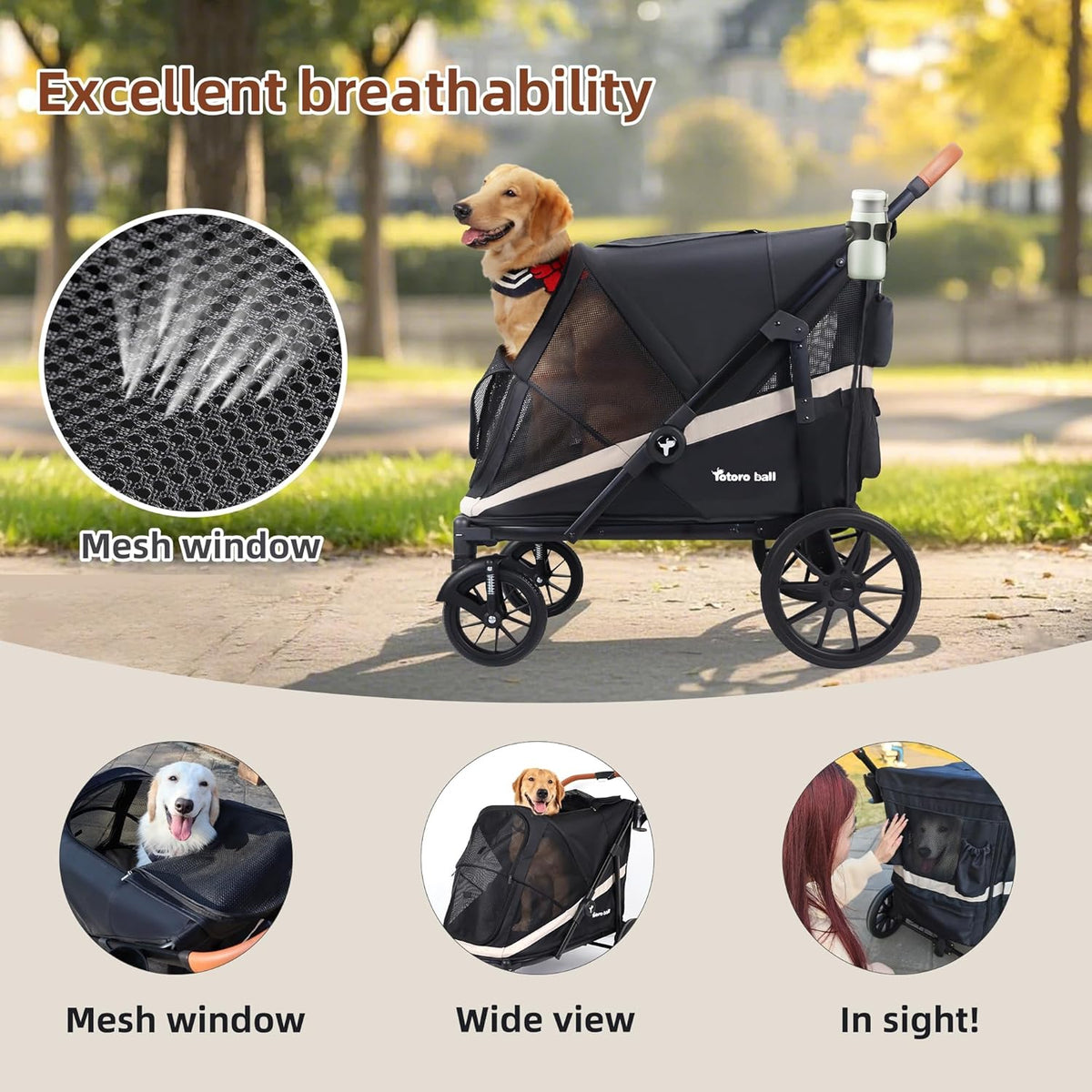 Dog Stroller for Large Dogs One-Click Folding 4 Wheel Foldable Dog Stroller for 2 Dogs with Storage Pocket Suitable for Pets Up to 110LBS (Black, Large)
