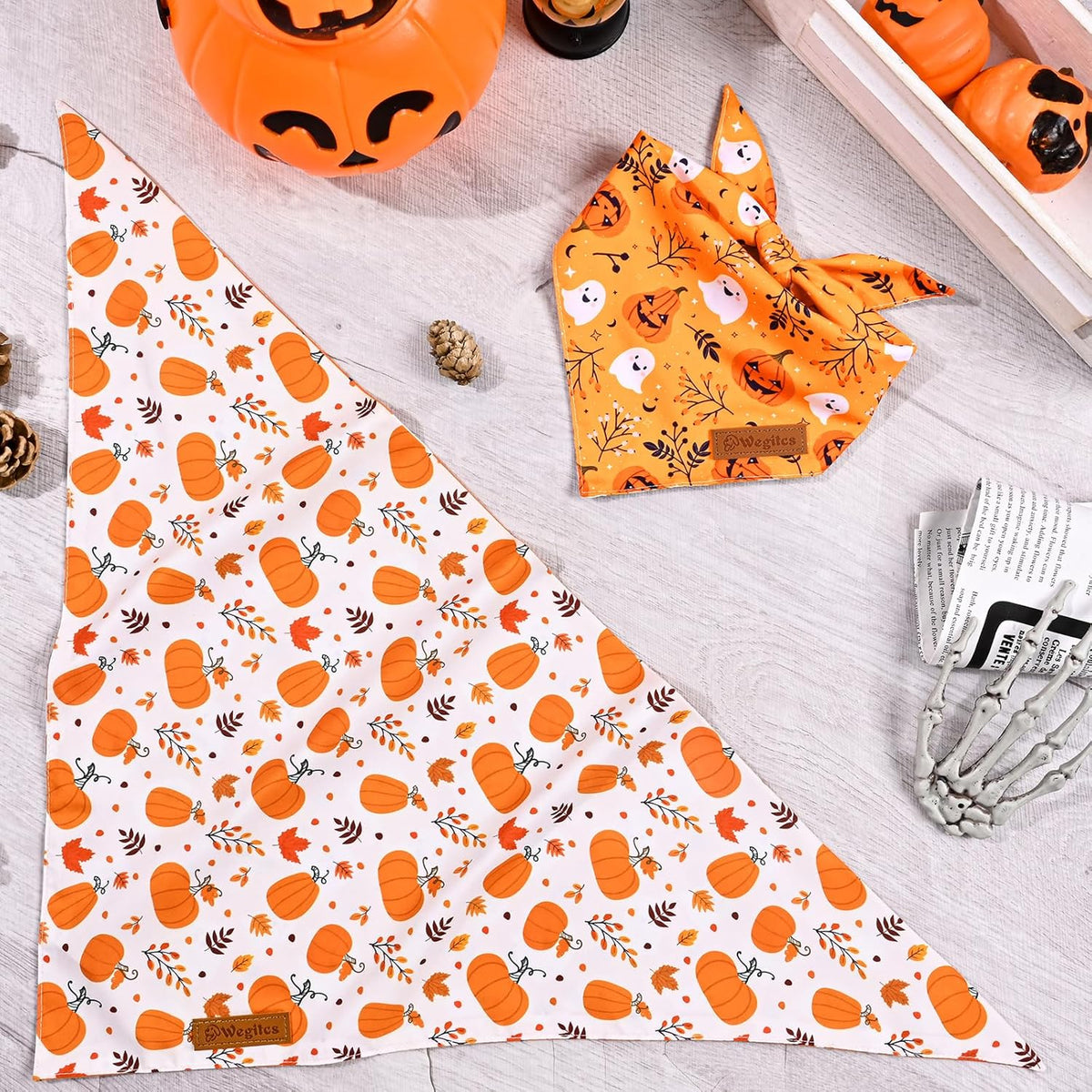 2 Pack Halloween Dog Bandanas,Leather Brand Logo, Double-Layed Soft Skin-Friendly Fabric, Autumn Scarf Accessory for Boys & Girls,Suitable for Halloween, Daily Walks & Family Outings