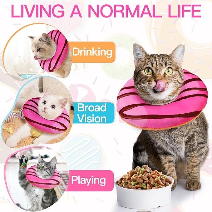 Cat Cone Collar Soft, Cute Cat Donut Collar After Surgery, Adjustable Kitten Recovery Cones to Stop Licking, Lightweight Neck Elizabethan Collars for Cats Kittens (Chocolate Pink, Large)