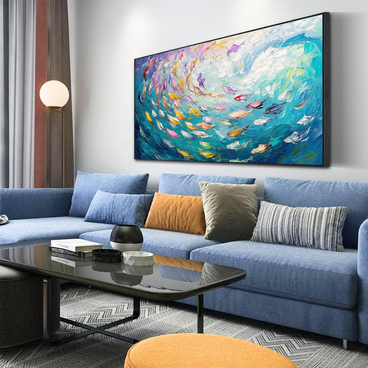Fish Canvas Wall Art, Abstract School of Fish Canvas Wall Art, School of Fish Painting Canvas, School of Fish Wall Art, Fish Wall Decor, Fish Pictures Wall Decor, Bedroom Canvas Wall Decor (Gold Framed, 48"x27" | 122x68cm)