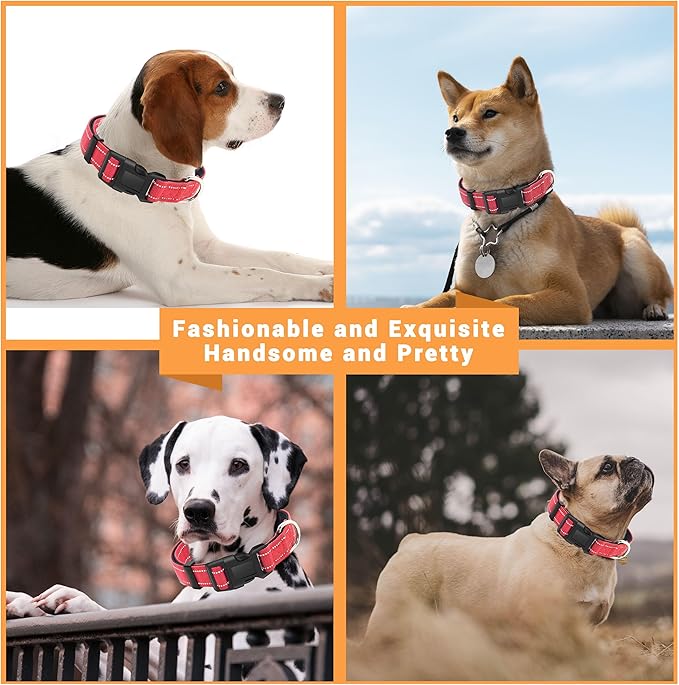 2 Pack Reflective Dog Collar with Safety Locking Buckle, Adjustable Soft Breathable Comfortable Nylon Pet Collar for Small, Medium and Large Dogs, Red, XL
