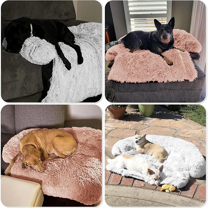 GGIB Calming Dog Bed Fluffy Plush Dog Mat for Furniture Protector with Removable Washable Cover for Large Medium Small Dogs and Cats (Extra Large (53x39.3x6), Pink)