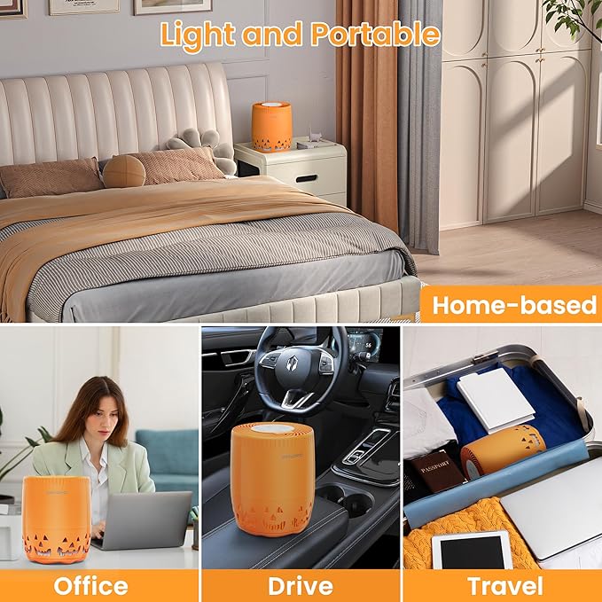 Air Purifiers for Home Bedroom up to 1076ft², True HEPA Air Filters Dust Pets Smoke Hair, 3 Fan Speeds Quiet, Timer Settings, Rechargeable Air Cleaner Office, Bedroom, Pets, Car(Orange)