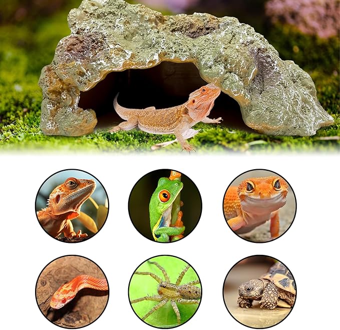 Reptile Hide Cave,Resin Rock for Reptile and Amphibians,Terrarium & Aquarium Habitat Hideout for Bearded Dragons,Lizards,Snakes,Turtles,Geckos,Ball Pythons (Brown, Medium)