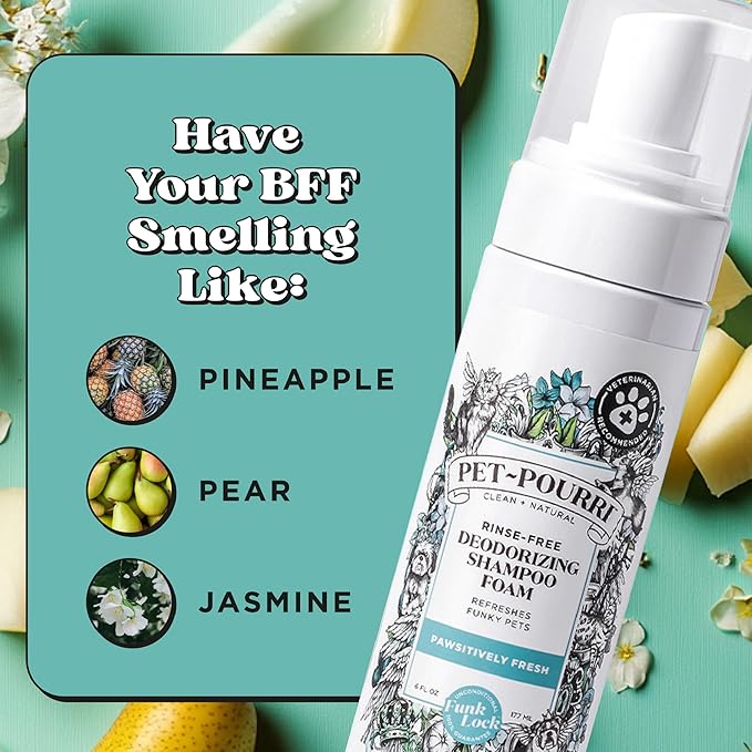 Poo-Pourri Rinse-Free Deodorizing Dry Shampoo for Dogs & Cats – Moisturizing Skin & Coat Soothing Formula - Plant Based Ingredients – Pineapple, Jasmine & Pear – No Rinse Foam Shampoo for Pet Odor