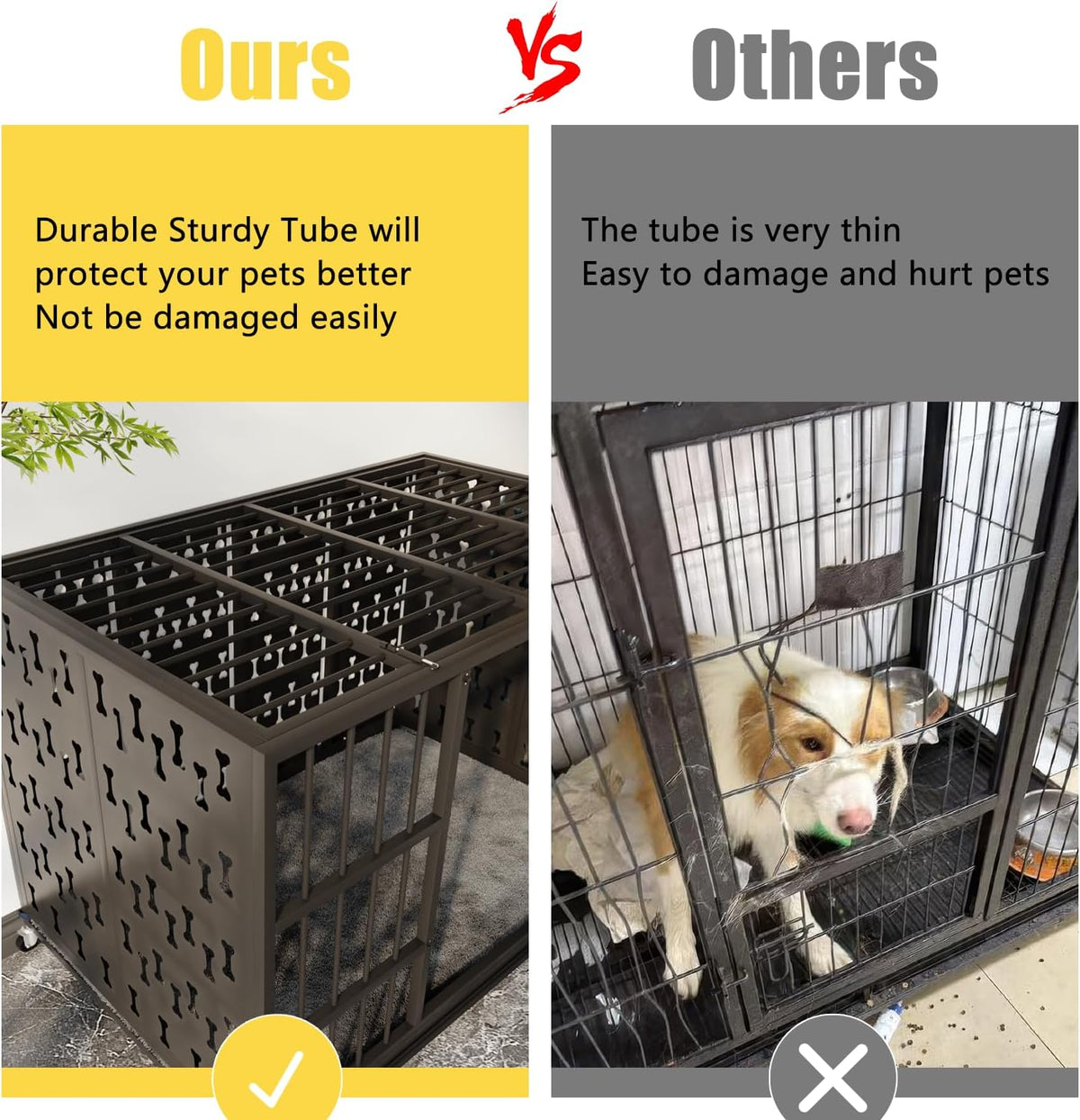 LEMBERI 48/42 inch Indestructible Heavy Duty Dog Crate with Cushion, High Anxiety Extra Large Dog Cage for Large Dogs, XL Steel Escape Proof Dog Kennel with Locking Wheels