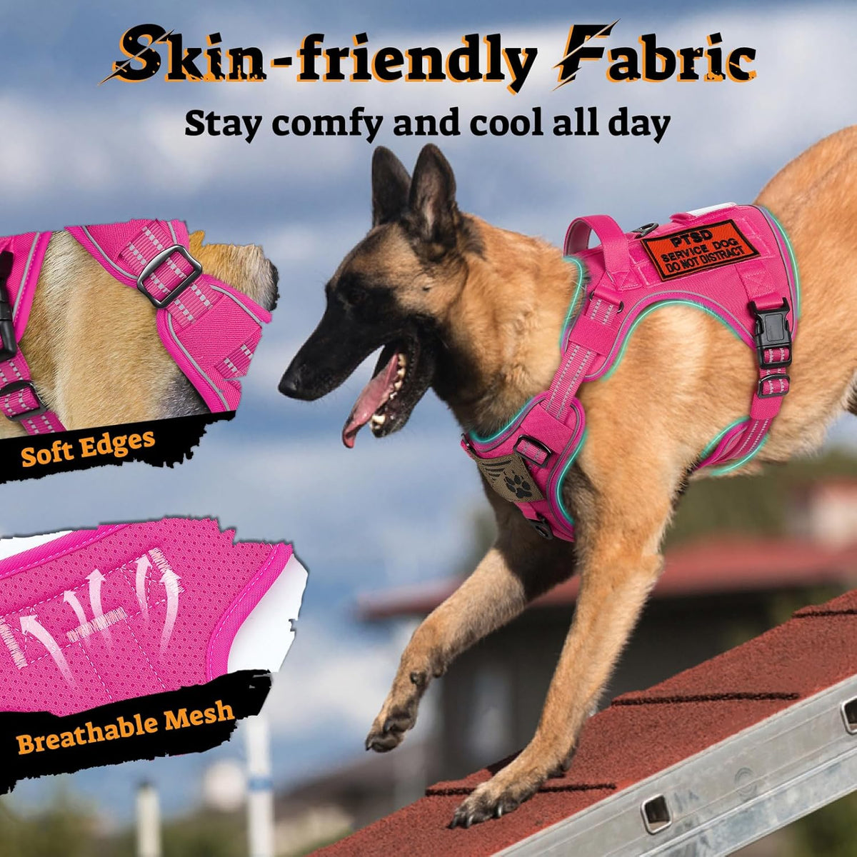 rabbitgoo Dog Harness Small Sized No Pull, Tactical Service Pet Vest with Molle and Control Handle, Adjustable and Reflective Military Harness for Easy Walking and Training, Rose Red, S