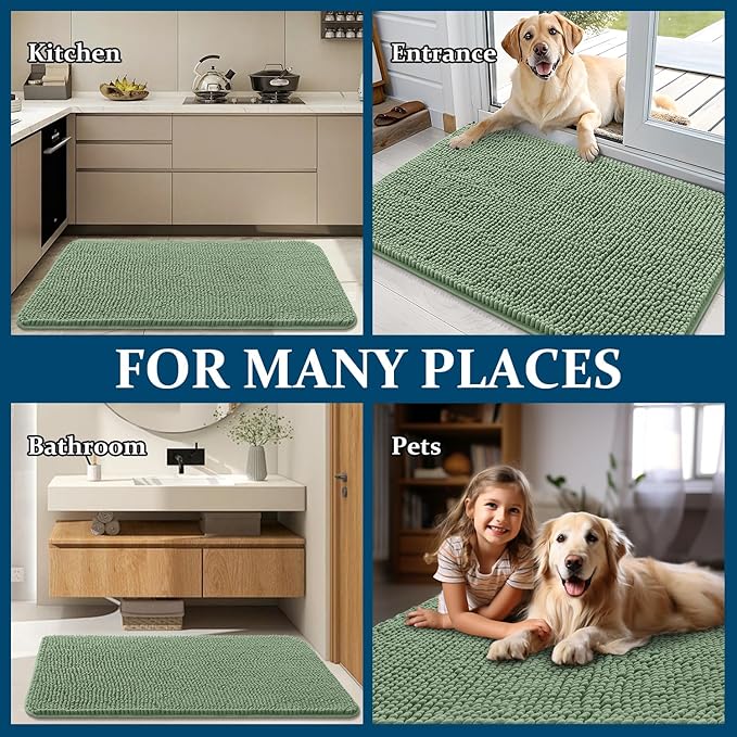 OLANLY Dog Door Mat for Muddy Paws 47x24, Absorbs Moisture and Dirt, Absorbent Non-Slip Washable Doormat, Quick Dry Chenille Mud Mat, Entry Indoor Entryway Carpet for Inside Floor, Olive Green