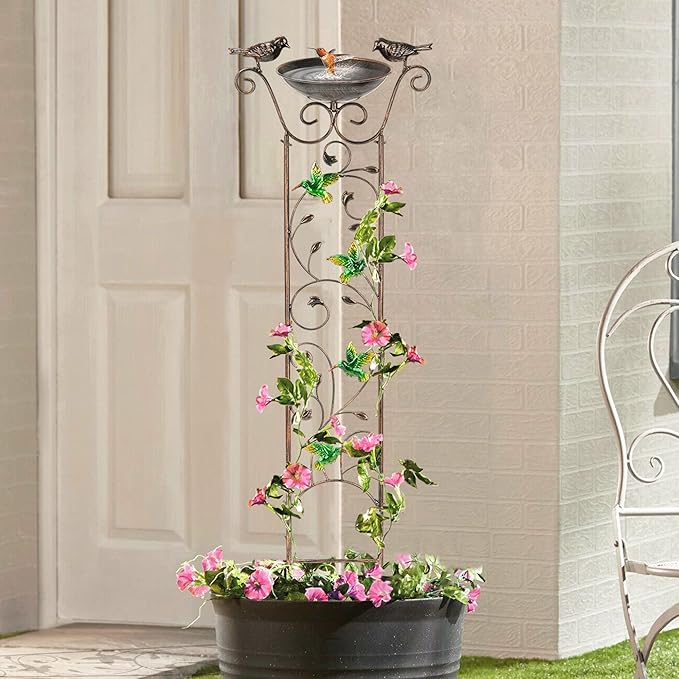 LEWIS&WAYNE Garden Trellis Bird Bath Outdoor, 40 Inch Antique Iron Garden Plant Trellis Decorative with Hummingbirds and Detachable Drinking Basin Bowl, Free Standing BirdBath Birdfeeder Station