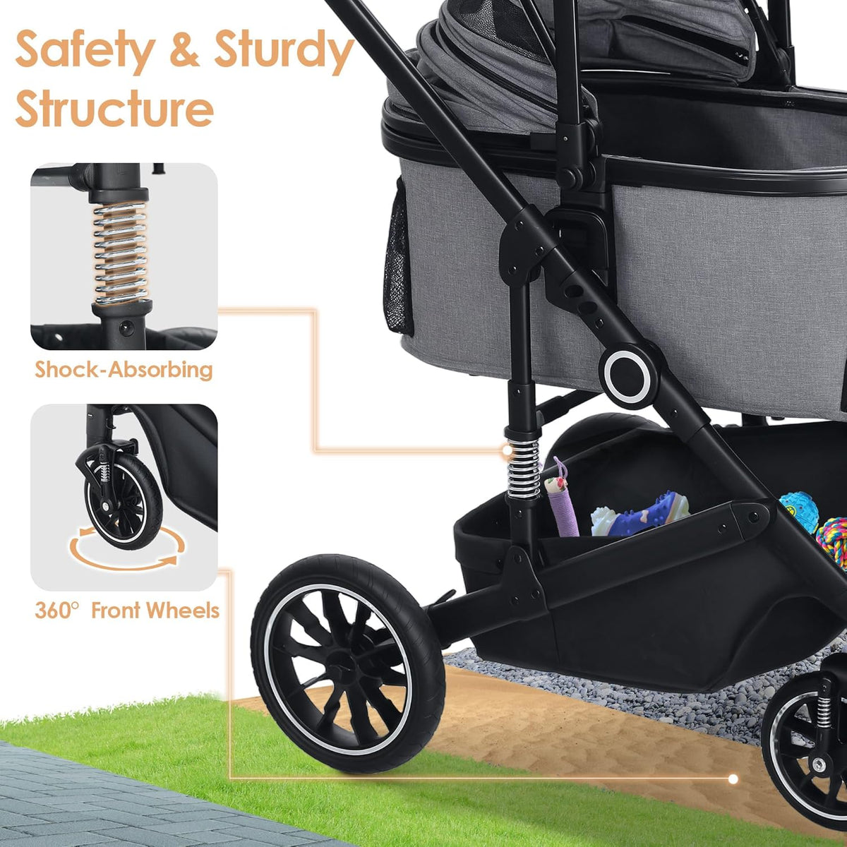 Pet Stroller with 4 Wheels, 3 in 1 Folding Puppy Strollers for Small/Medium Dogs Cats up to 50lbs, Lightweight Pet Travel Carrier with Detachable Cushion, Storage Basket and Cup Holder, Gray