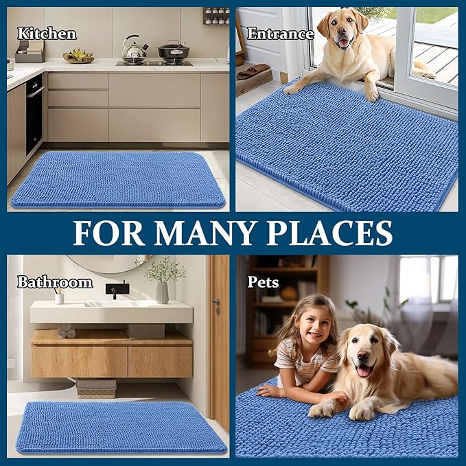OLANLY Dog Door Mat for Muddy Paws 36x24, Absorbs Moisture and Dirt, Absorbent Non-Slip Washable Doormat, Quick Dry Chenille Mud Mat, Entry Indoor Entryway Carpet for Inside Floor, Cornflower Blue