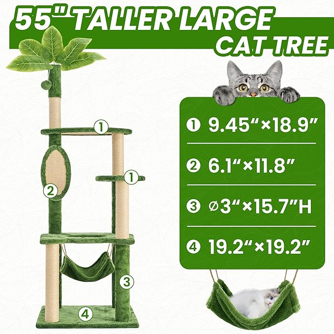 55 Inch Large Cat Tree Tower for Indoor Cats with Hammock Green Leaves Sisal Scratching Post, Plush Hang Ball Play Furniture for Kittens & Adult Cats,New Green