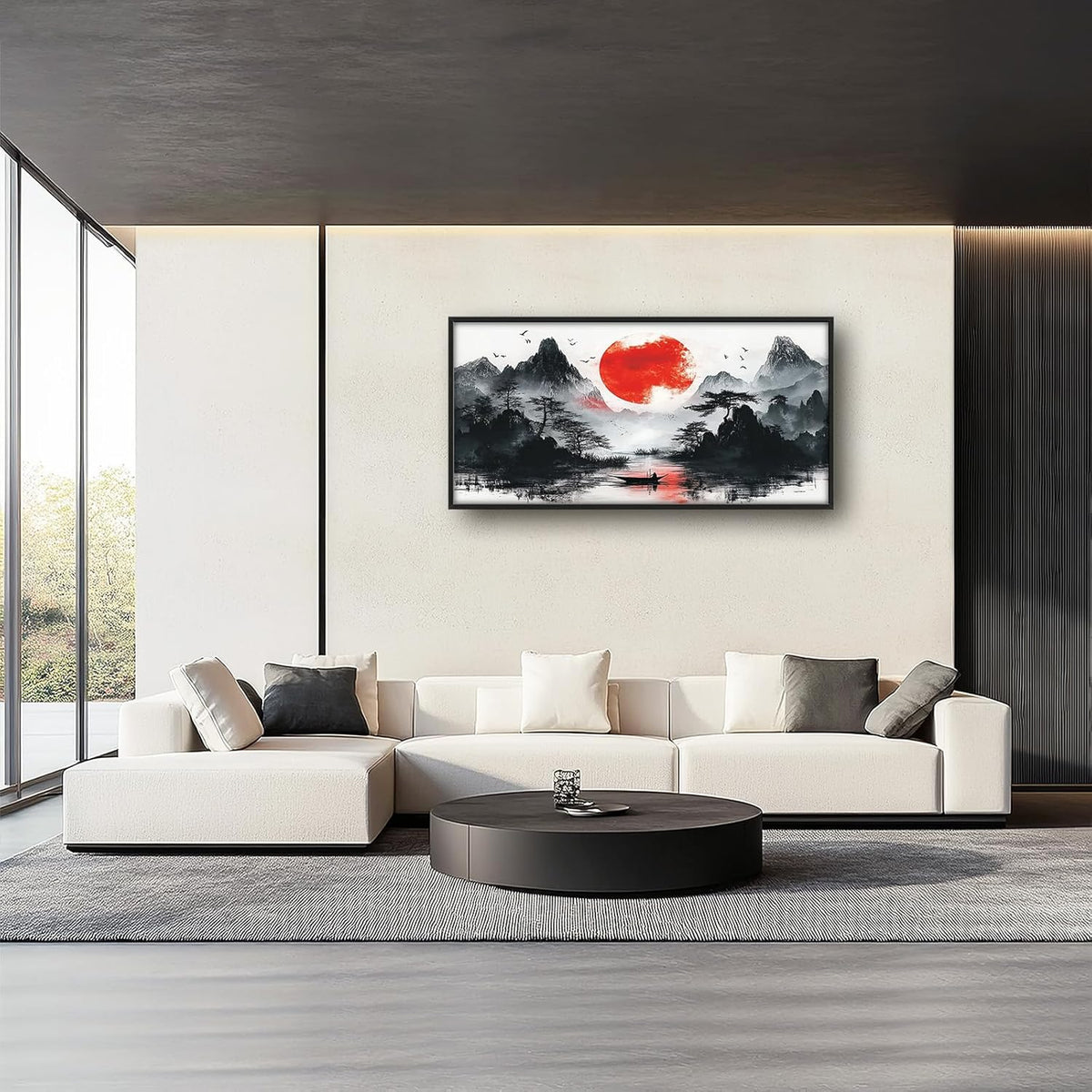 Framed Large Japanese Mountain Wall Art for Living Room, Oversized Asian Red Sun Lake Landscape Wall Decor Nature Canvas Painting Home Decoration for Living Room Bedroom Office 60"x30"