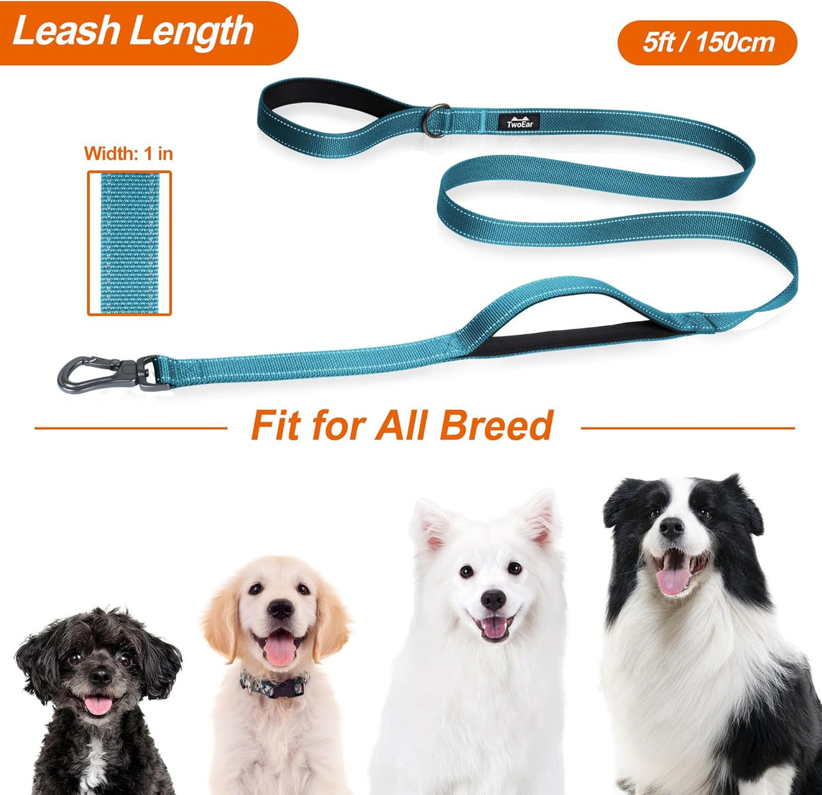 TwoEar 5FT 1IN Strong Blue Dog Leash with 2 Padded Handles, Traffic Handle Extra Control, Comfortable Soft Dual Handle, Auto Lock Hook, Reflective Walking Lead for Small Medium and Large Dogs