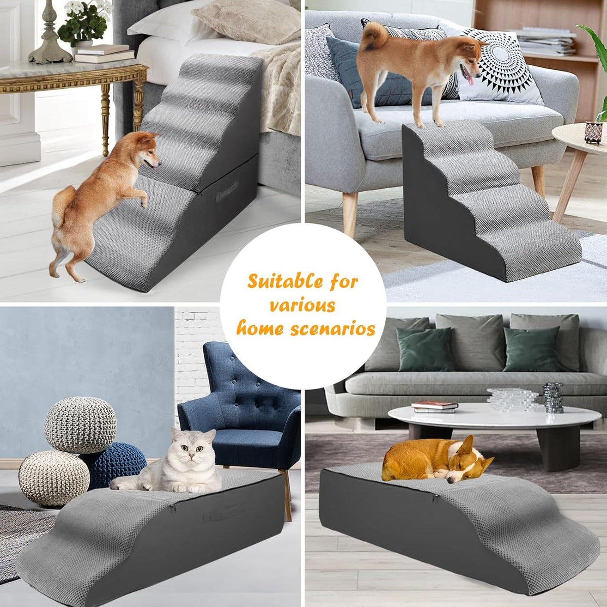 Dog Stairs&Steps for 30 Inches High Bed Up to 30-36 Inch Tall, Pet Cat Ramp Ladder for Small Dogs, Doggie, Old Cats, Kitty, Small Animals Grey