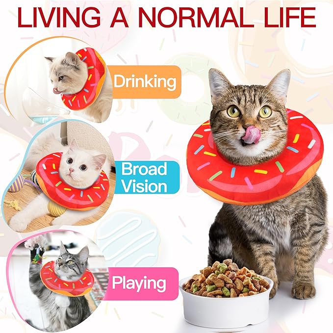 Cat Cone Collar Soft, Cute Cat Donut Collar After Surgery, Adjustable Kitten Recovery Cones to Stop Licking, Lightweight Neck Elizabethan Collars for Cats Kittens (Red, Large)