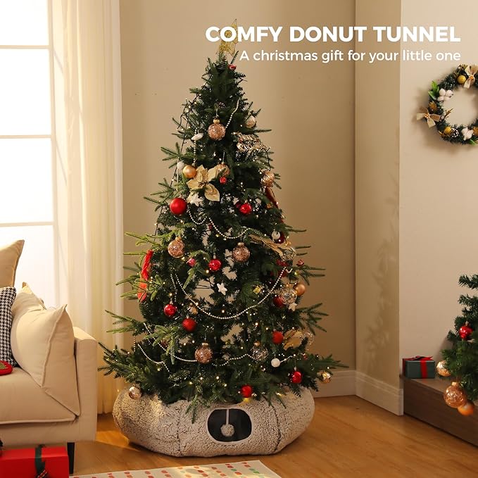 PEQULTI Cat Tunnel with Bed for Indoor Cats, Cat Play Donut Tunnel with Washable Soft Plush Mat, Round Cat Tunnel Toys Cute Cat Tube for Kittens, Puppies, Rabbits and Ferrets, Grey